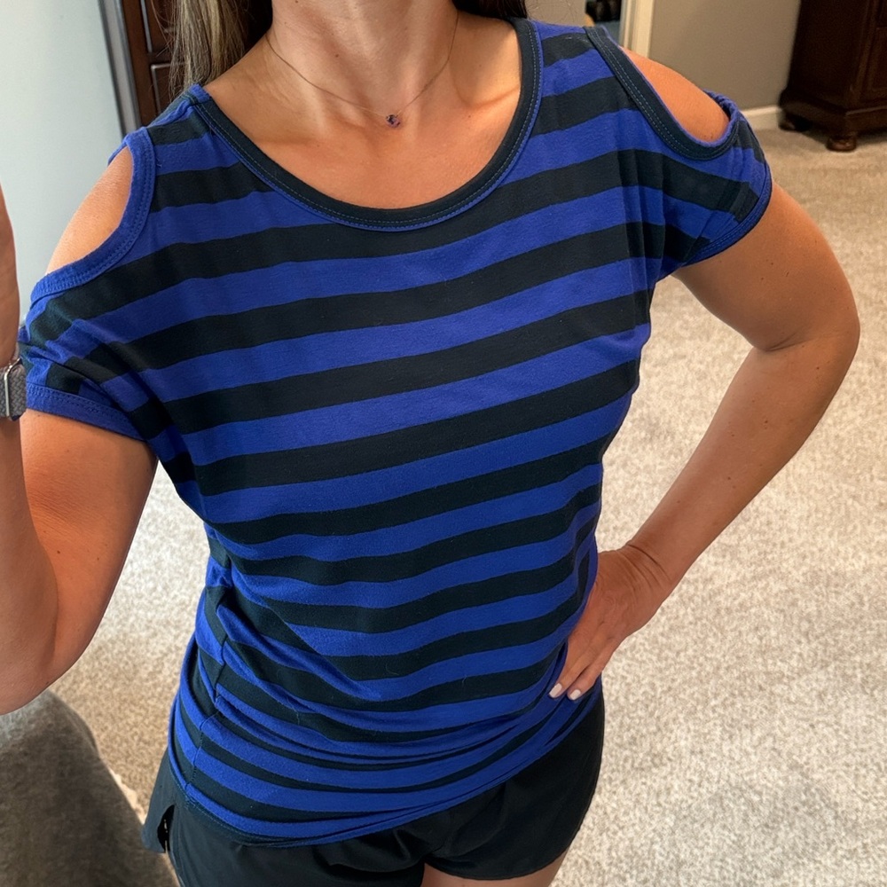 Fenn Wright Manson Blue and Black Striped Short Sleeve Top